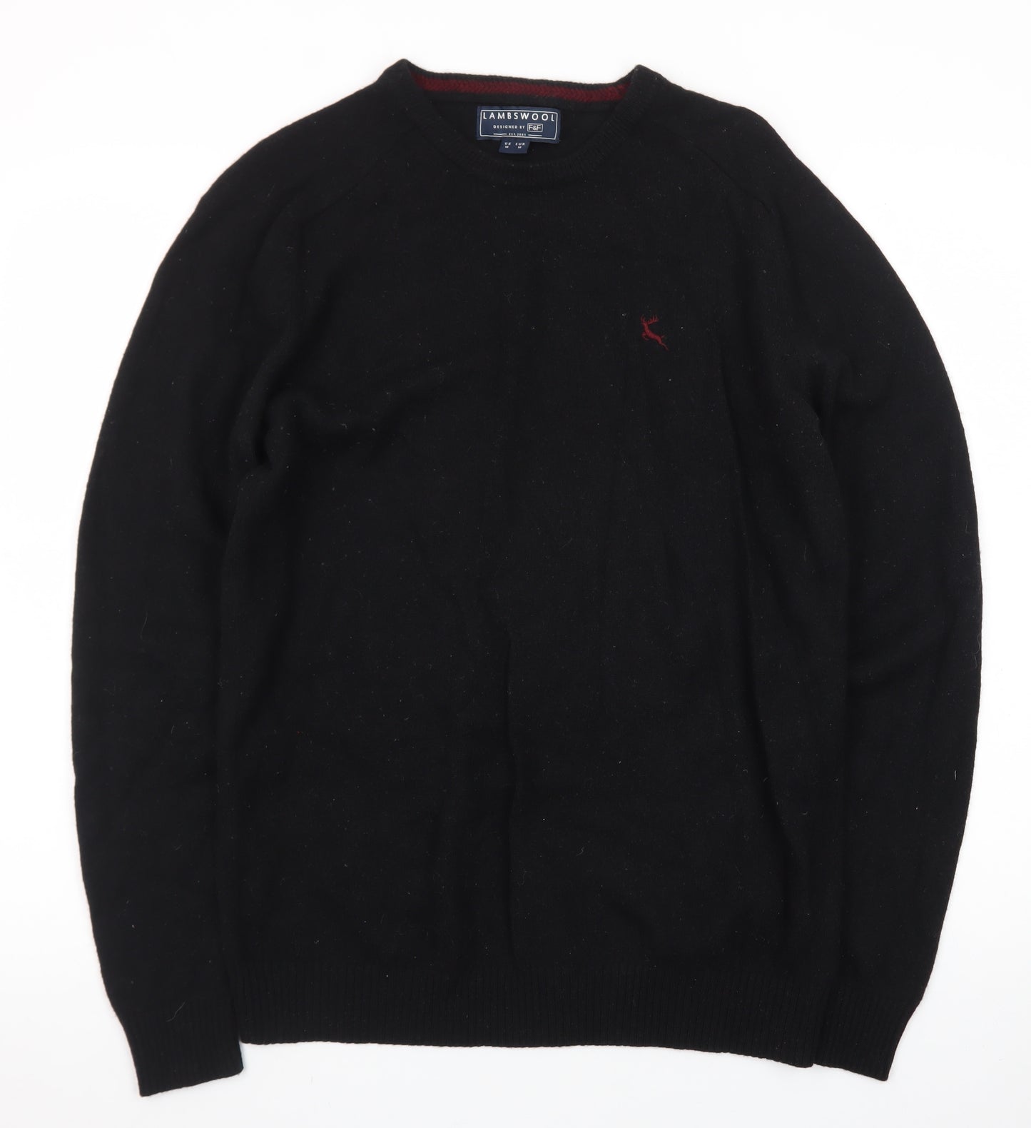 F&F Men’s Black Lambswool Crew Neck Jumper Size M Classic Knit