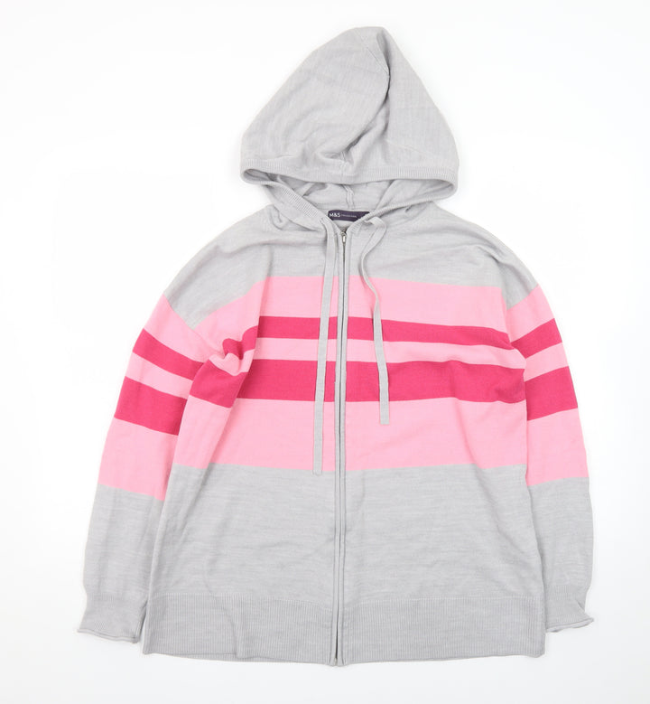 Marks and Spencer Womens Grey Pink Stripe Full Zip Hoodie Medium