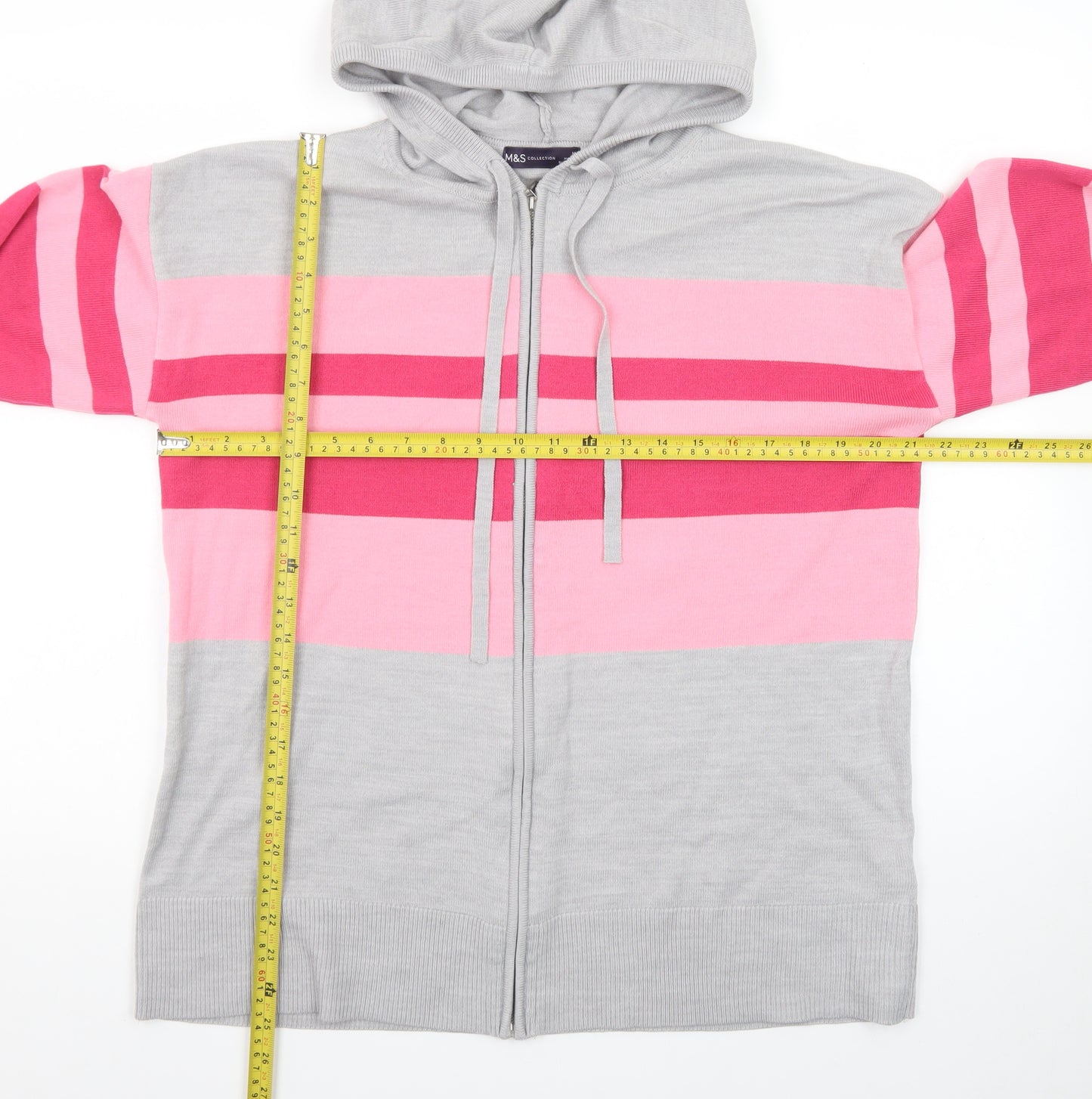 Marks and Spencer Womens Grey Pink Stripe Full Zip Hoodie Medium
