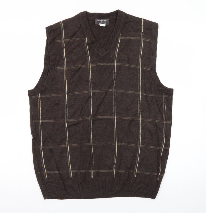 Dockers Men's Brown Check V-Neck Sleeveless Knit Jumper Vest M