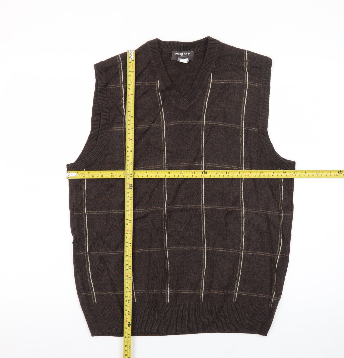 Dockers Men's Brown Check V-Neck Sleeveless Knit Jumper Vest M