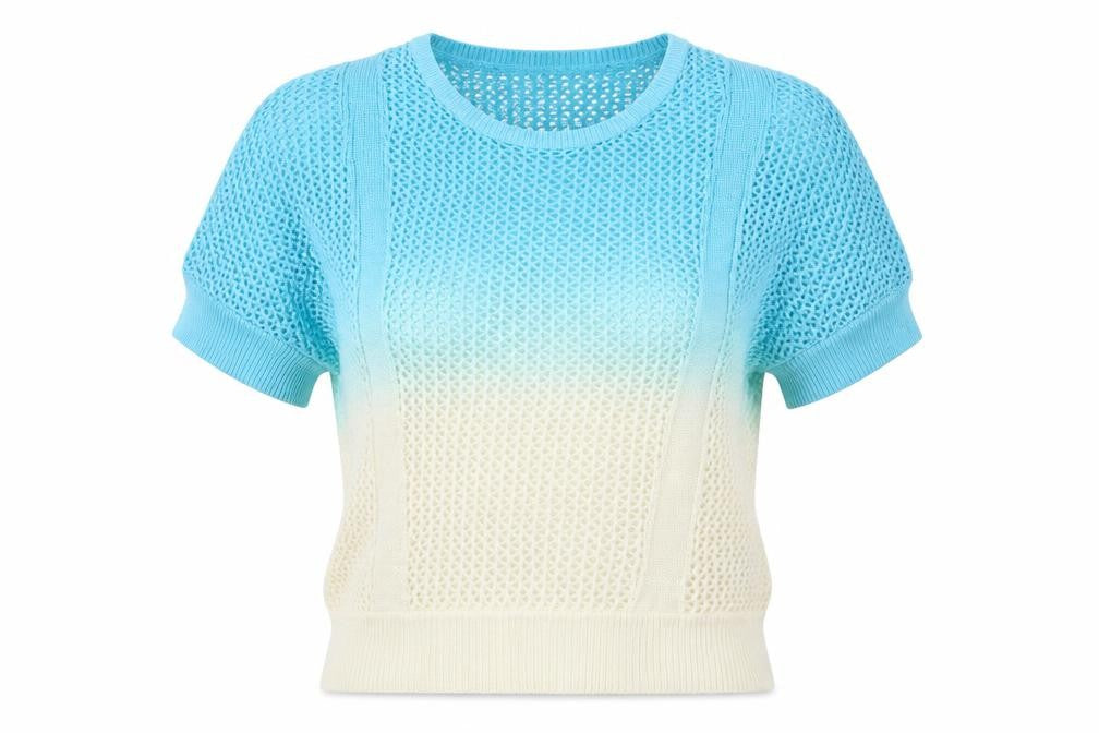 Front view of Rivers women’s multicoloured cotton open knit short sleeve jumper, size UK 12
