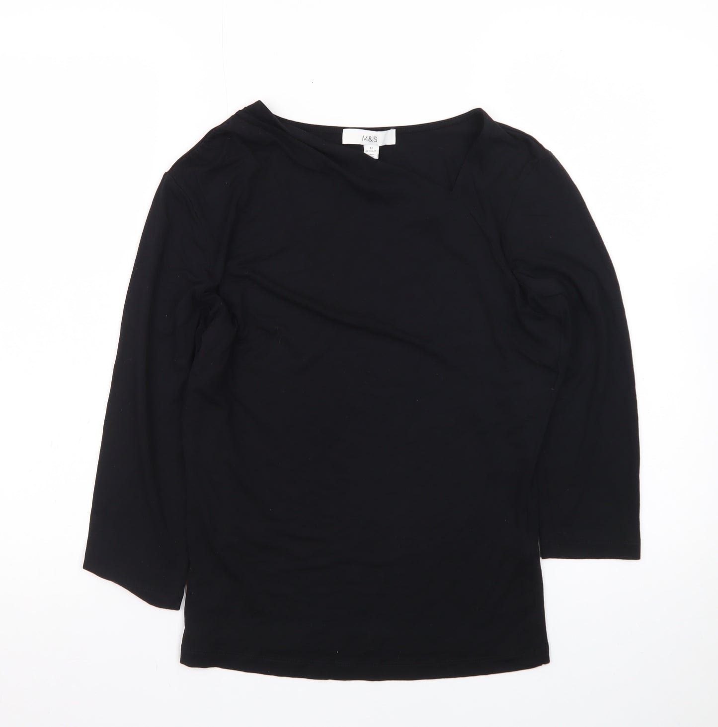 Marks and Spencer Women’s Black Size 12 Boat Neck 3/4 Sleeve Cotton Top