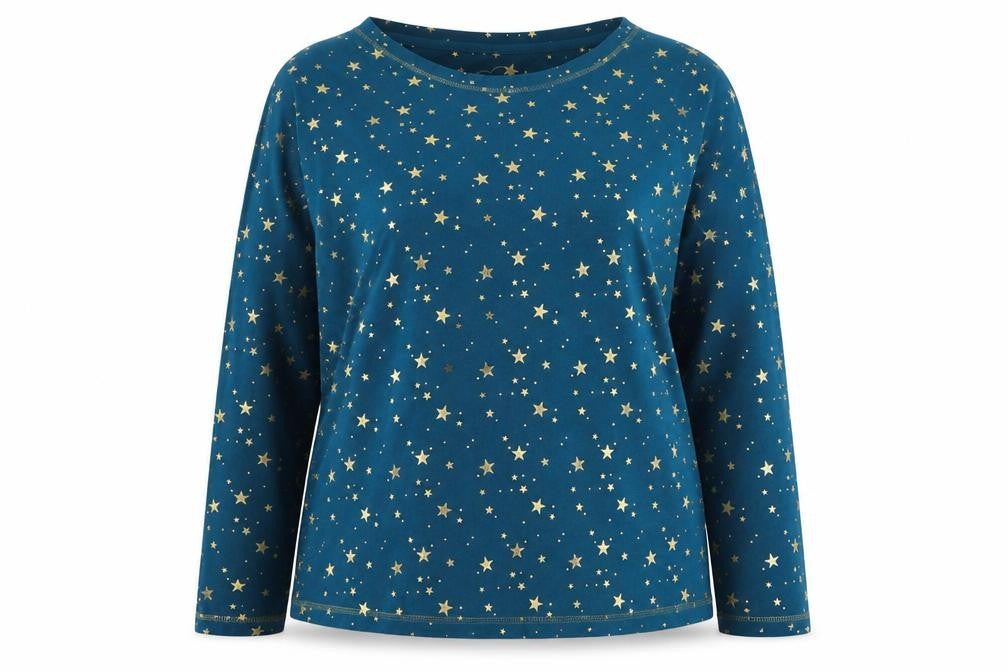 Front view of Nutmeg women’s blue star print long sleeve pyjama top, size UK 12-14