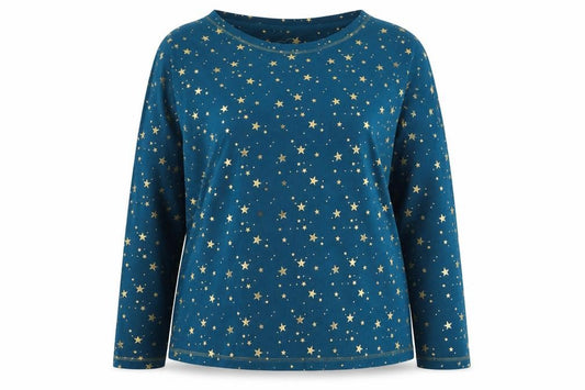 Nutmeg Womens Blue Star Print Long Sleeve Pyjama Top Size 12-14