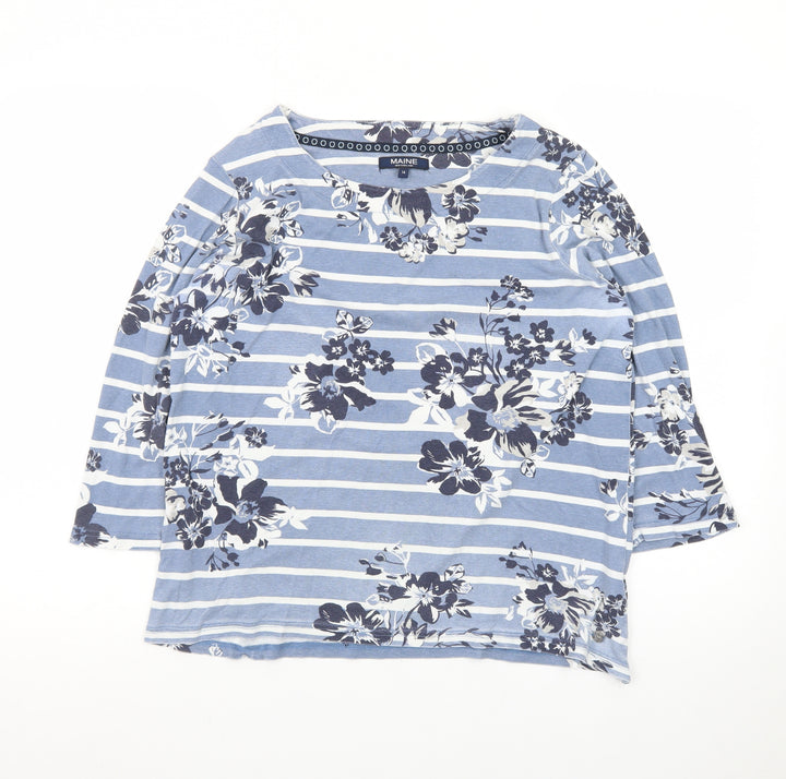 Maine New England Women's Blue Floral Stripe 3/4 Sleeve Cotton T-Shirt Size 16