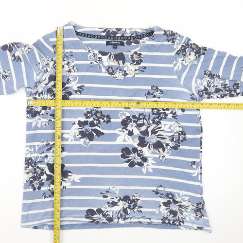 Maine New England Women's Blue Floral Stripe 3/4 Sleeve Cotton T-Shirt Size 16