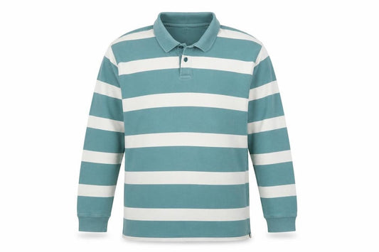 Front view of Guise Men's Blue Striped Long Sleeve Polo Shirt XL Cotton