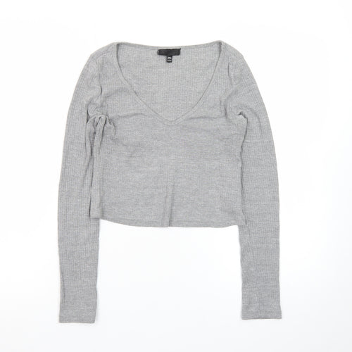 Topshop Women’s Grey Ribbed Cropped Long Sleeve V-Neck Top Size 8