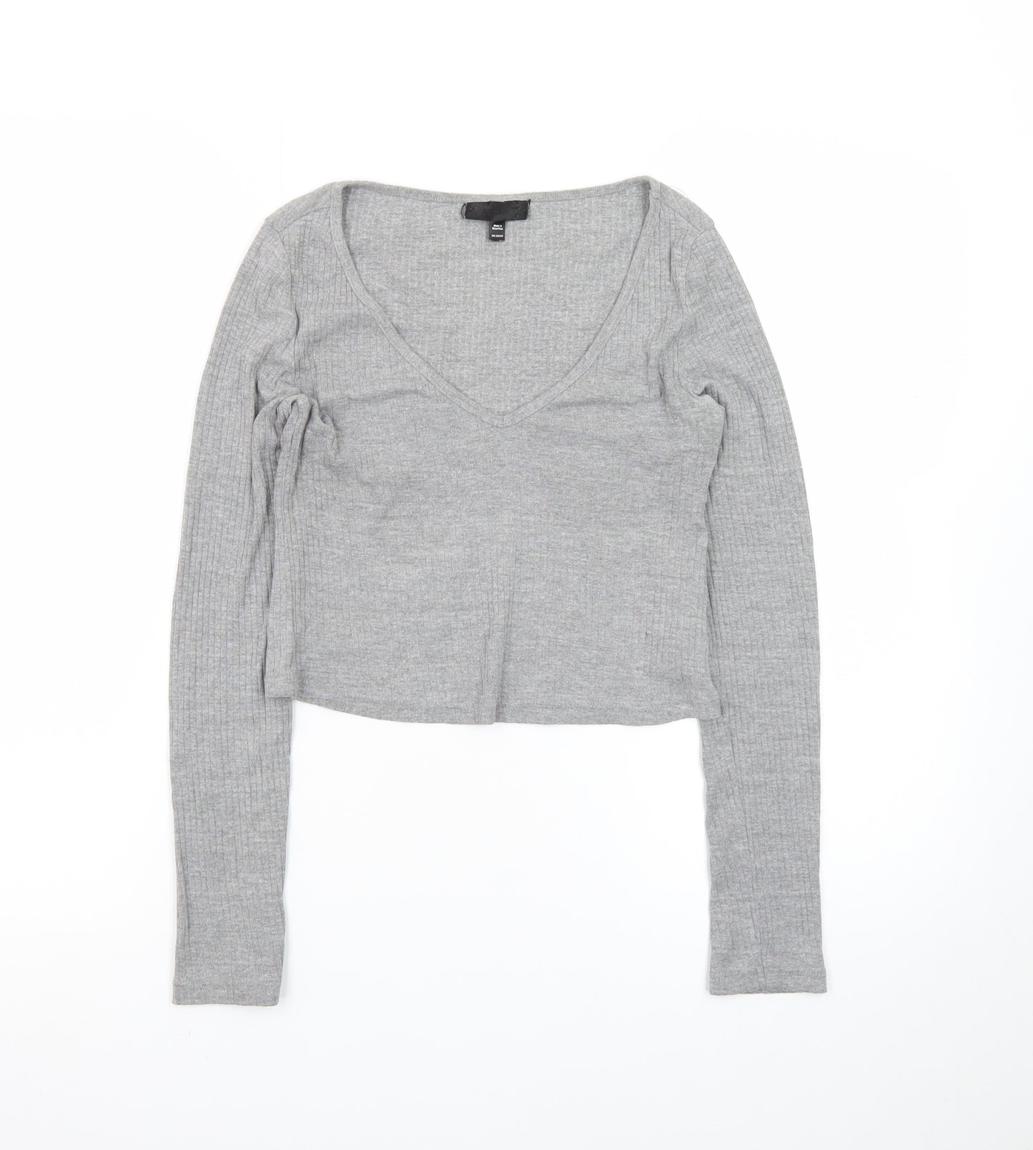 Topshop Women’s Grey Ribbed Cropped Long Sleeve V-Neck Top Size 8
