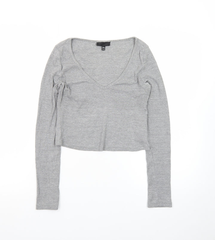 Topshop Women’s Grey Ribbed Cropped Long Sleeve V-Neck Top Size 8