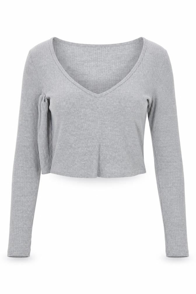 Topshop Women’s Grey Ribbed Cropped Long Sleeve V-Neck Top Size 8
