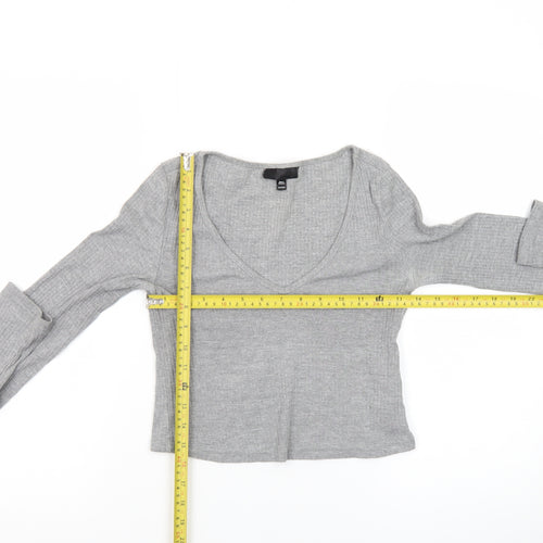 Topshop Women’s Grey Ribbed Cropped Long Sleeve V-Neck Top Size 8