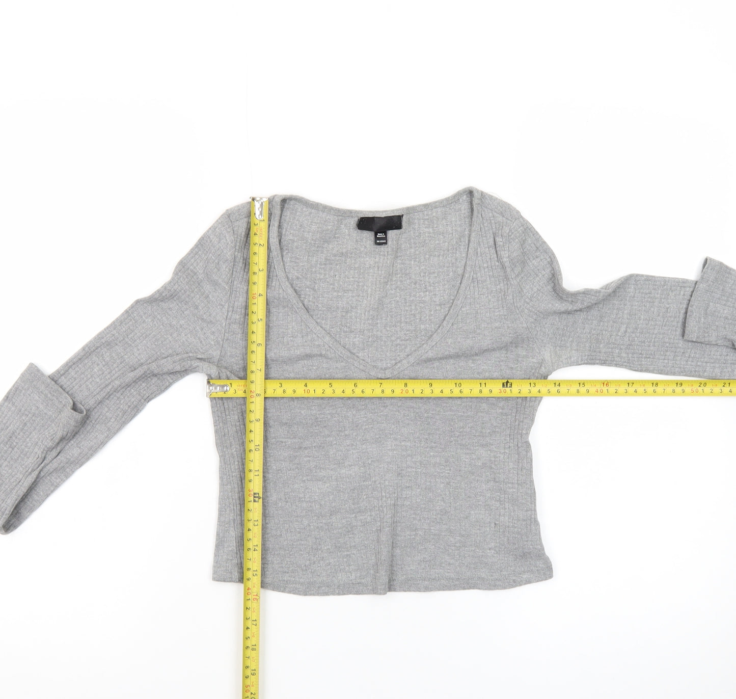 Topshop Women’s Grey Ribbed Cropped Long Sleeve V-Neck Top Size 8