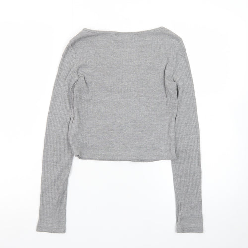 Topshop Women’s Grey Ribbed Cropped Long Sleeve V-Neck Top Size 8