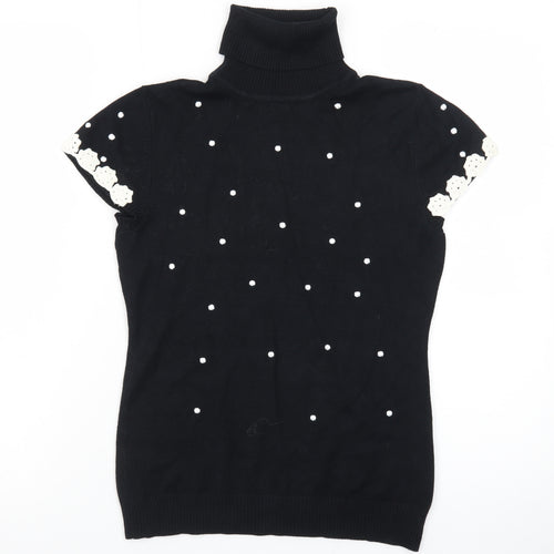 JOY London Black Roll Neck Short Sleeve Polka Dot Jumper Womens M