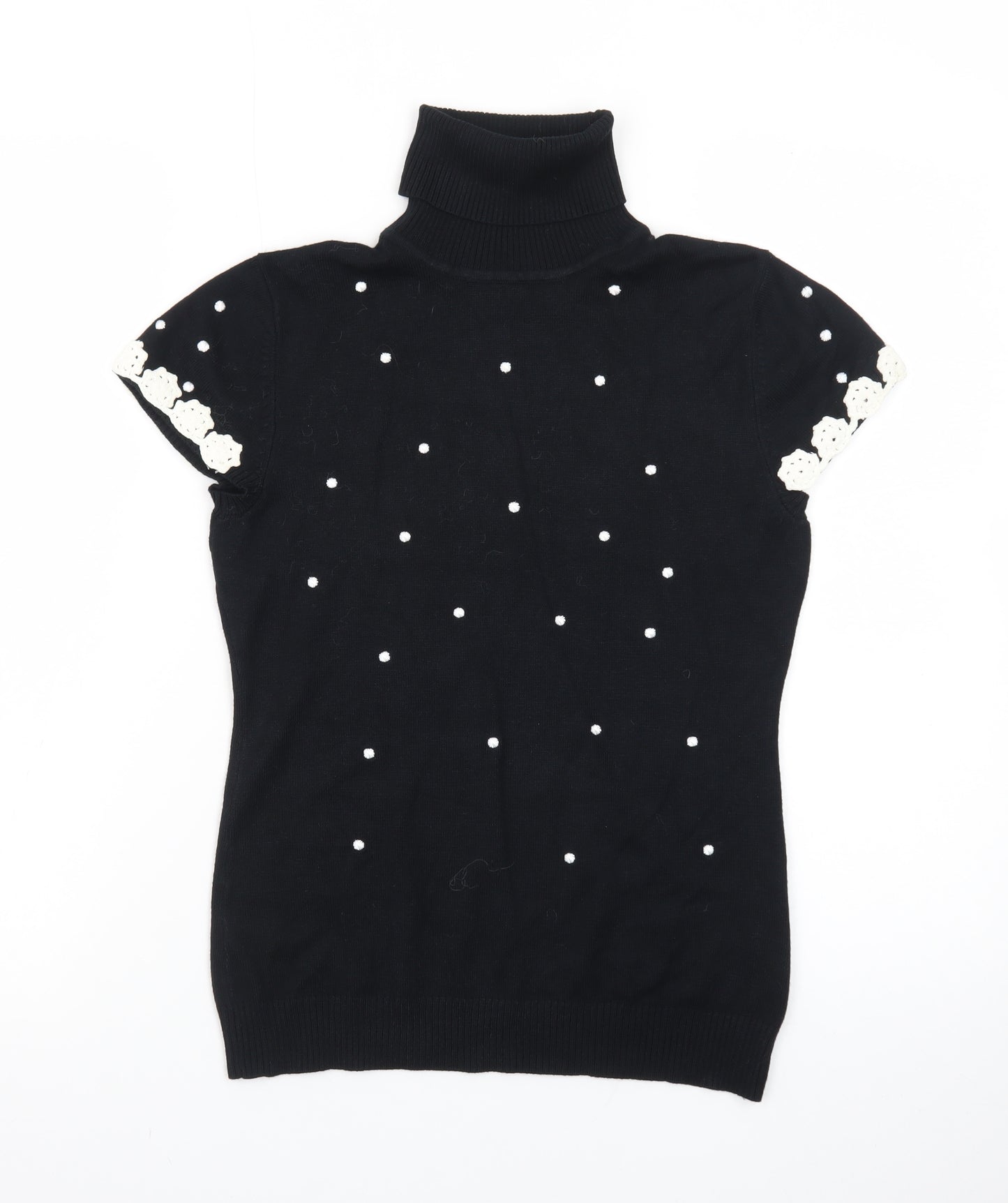 JOY London Black Roll Neck Short Sleeve Polka Dot Jumper Womens M
