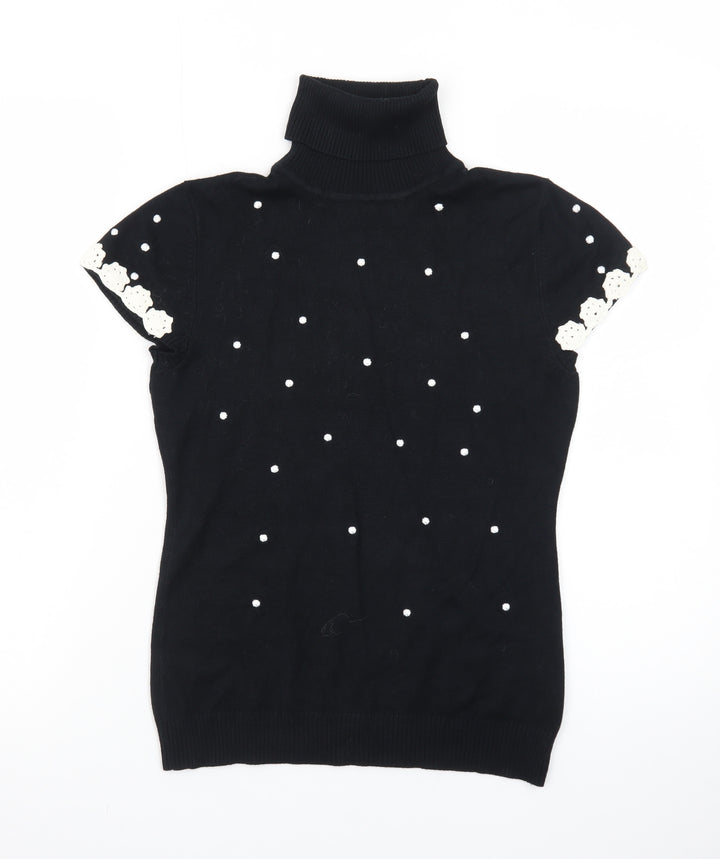 JOY London Black Roll Neck Short Sleeve Polka Dot Jumper Womens M