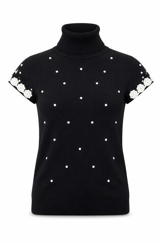 Front view of JOY London Black Roll Neck Short Sleeve Polka Dot Jumper women’s m
