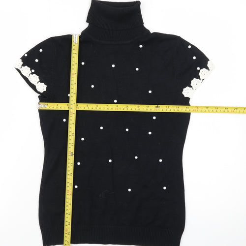 JOY London Black Roll Neck Short Sleeve Polka Dot Jumper Womens M