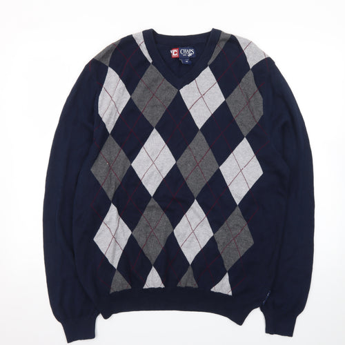 Chaps Men's Blue Argyle V-Neck Cotton Jumper Size M