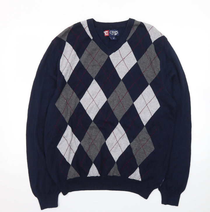 Chaps Men's Blue Argyle V-Neck Cotton Jumper Size M