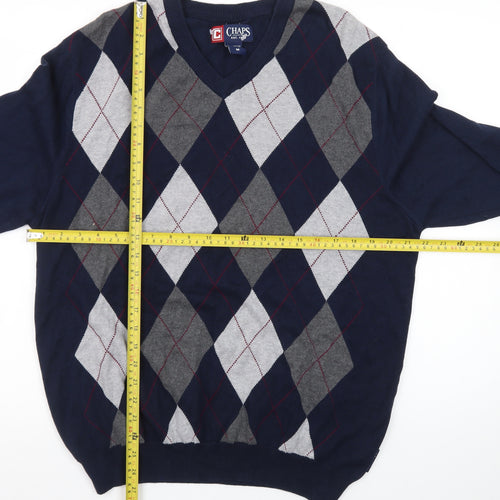 Chaps Men's Blue Argyle V-Neck Cotton Jumper Size M