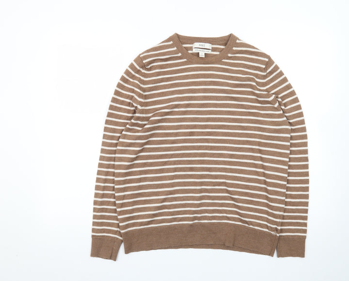 Marks and Spencer Women's Brown Striped Merino Wool Jumper Size 16
