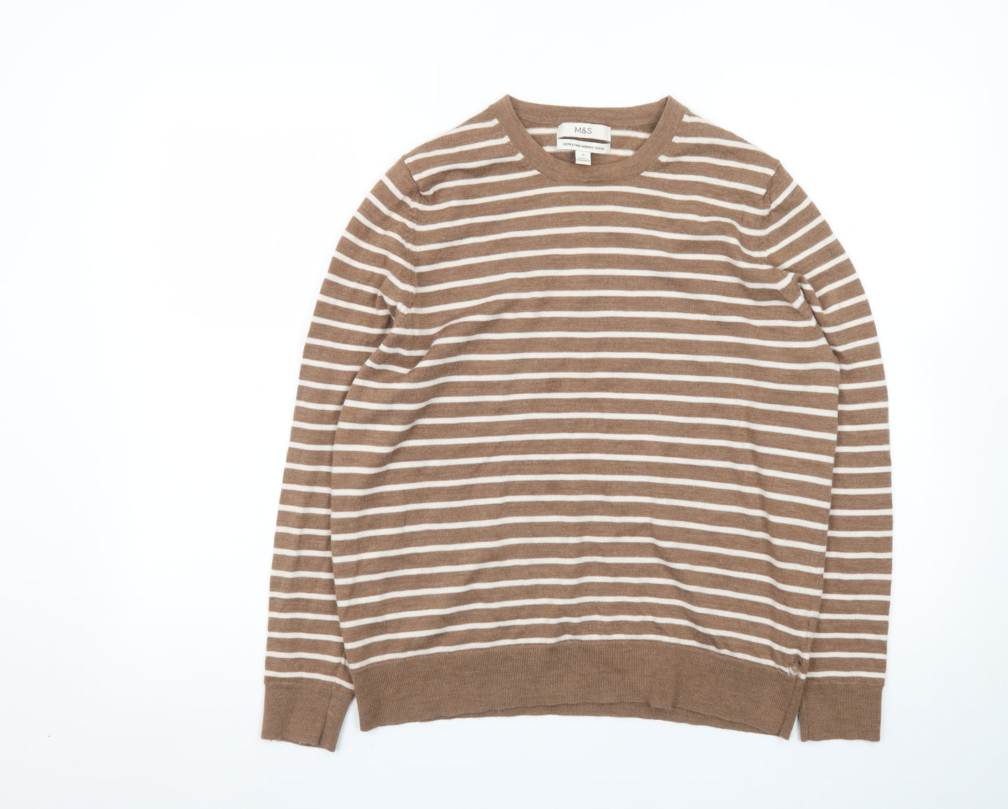 Marks and Spencer Women's Brown Striped Merino Wool Jumper Size 16