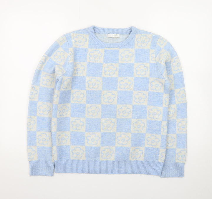 Primark Teens Blue Check Flower Knit Jumper XS Pullover