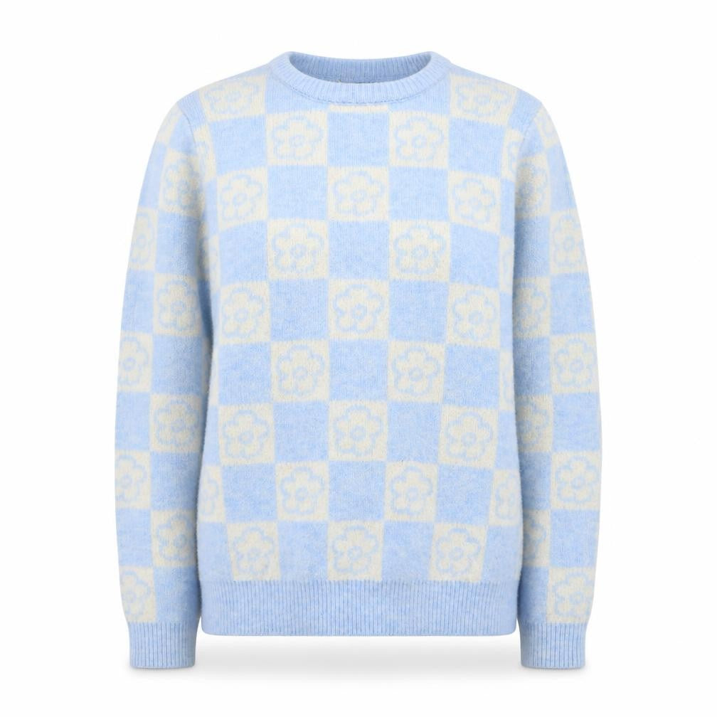 Front view of Primark Teens Blue Check Flower Knit Jumper XS Pullover