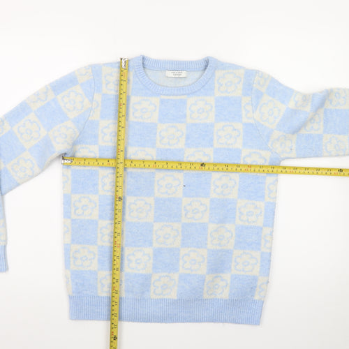 Primark Teens Blue Check Flower Knit Jumper XS Pullover