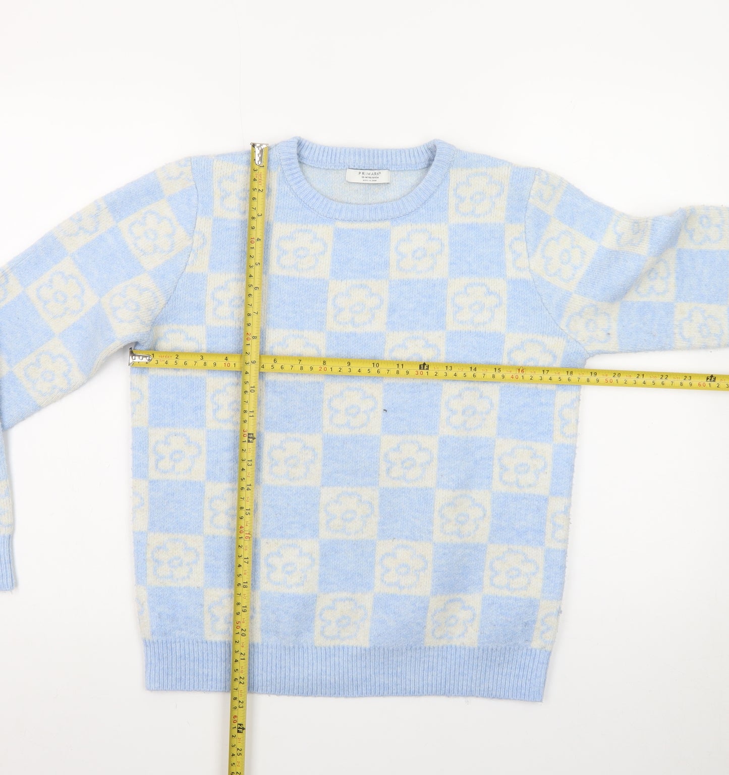 Primark Teens Blue Check Flower Knit Jumper XS Pullover