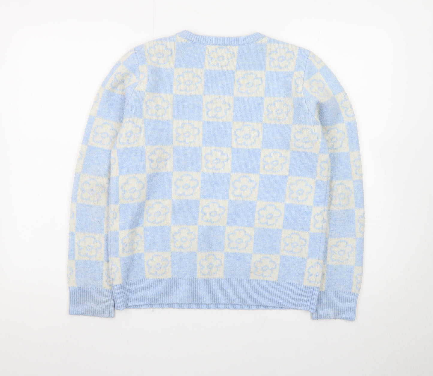 Primark Teens Blue Check Flower Knit Jumper XS Pullover