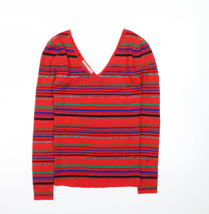 Overture Women Red Multicoloured Striped V-Neck Pullover Jumper S
