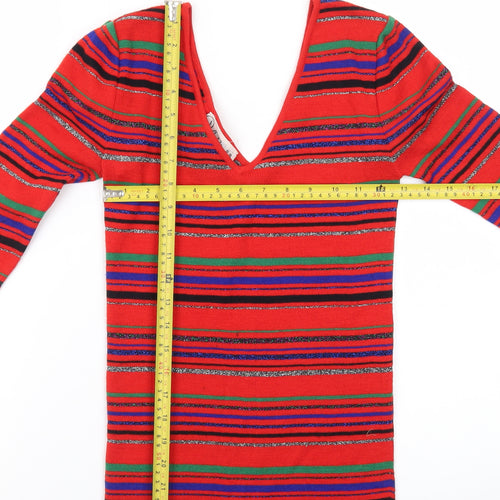 Overture Women Red Multicoloured Striped V-Neck Pullover Jumper S