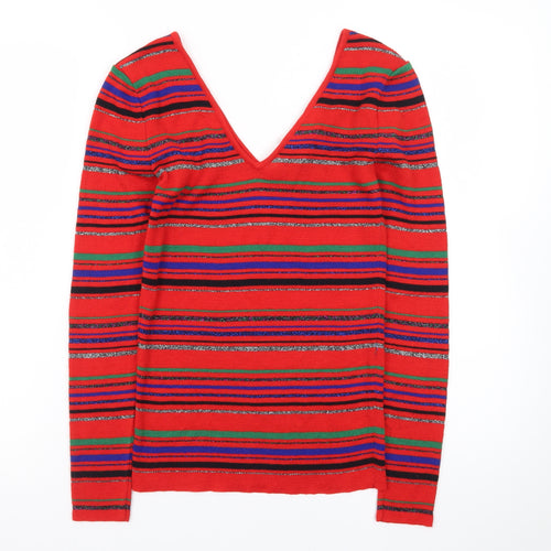 Overture Women Red Multicoloured Striped V-Neck Pullover Jumper S