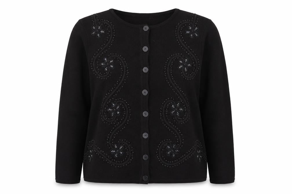 Front view of Bonmarché Women Black Beaded Button Cardigan L Long Sleeve Classic