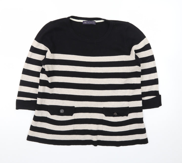 Marks and Spencer Women Black Beige Striped Jumper UK 14 3/4 Sleeve