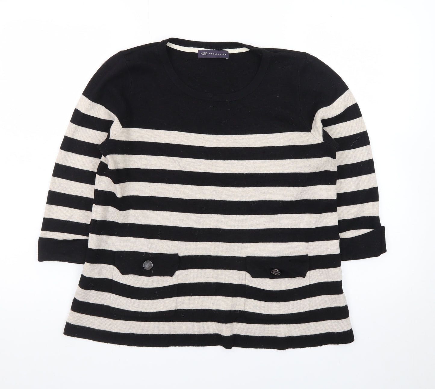 Marks and Spencer Women Black Beige Striped Jumper UK 14 3/4 Sleeve