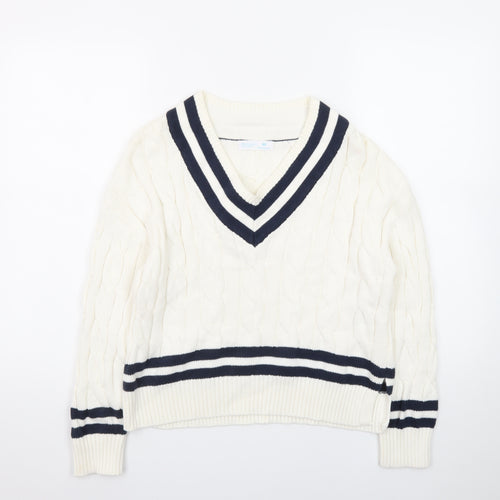 Primark Womens Ivory V-Neck Cable-Knit Jumper XS
