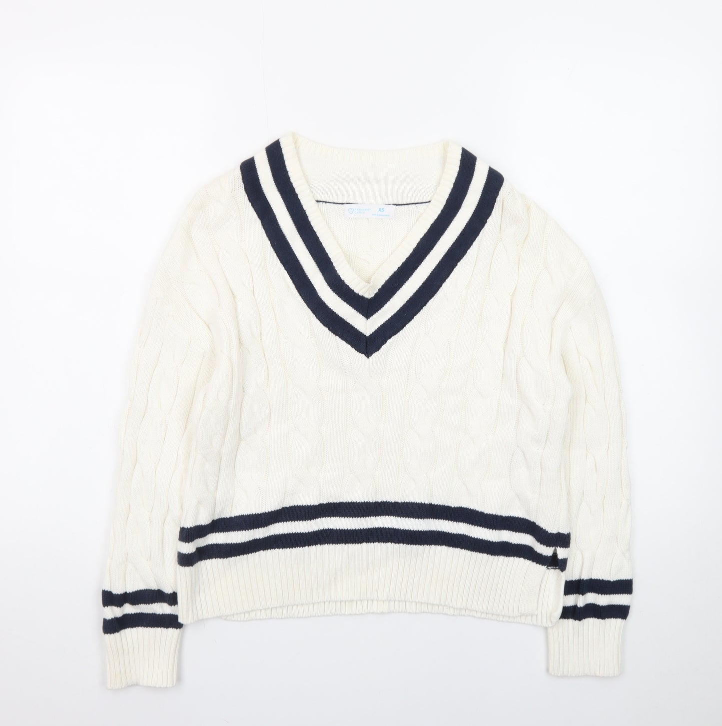 Primark Womens Ivory V-Neck Cable-Knit Jumper XS