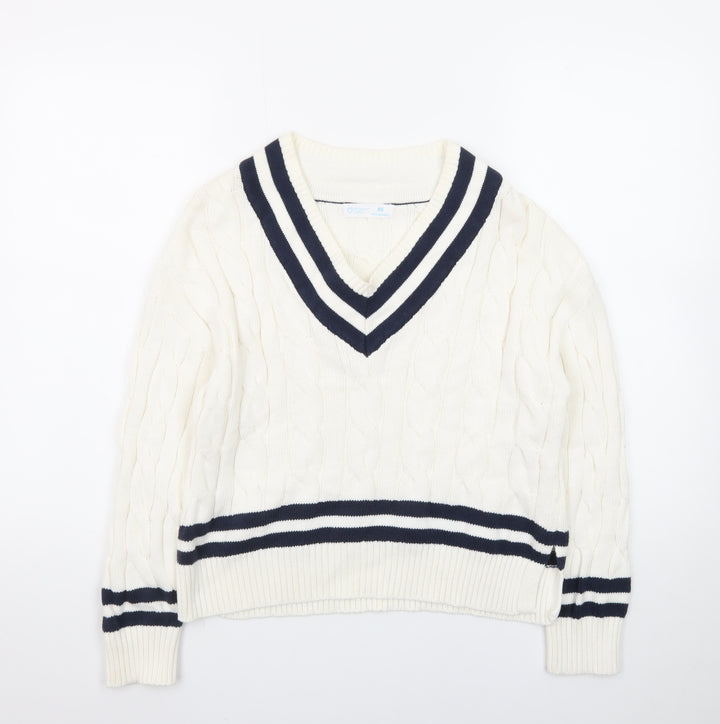 Primark Womens Ivory V-Neck Cable-Knit Jumper XS