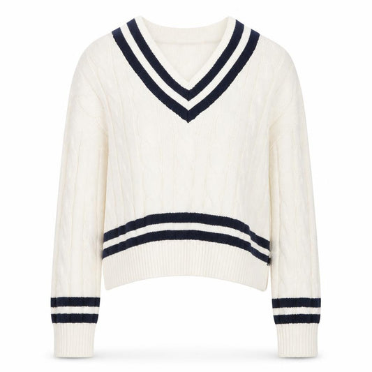 Front view of Primark women’s ivory v-neck cable-knit jumper xs