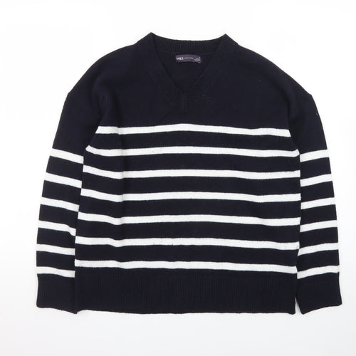 Marks and Spencer Women's Navy Stripe V-Neck Jumper Medium