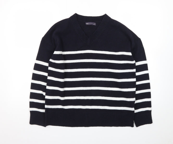 Marks and Spencer Women's Navy Stripe V-Neck Jumper Medium