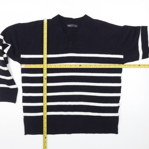Marks and Spencer Women's Navy Stripe V-Neck Jumper Medium
