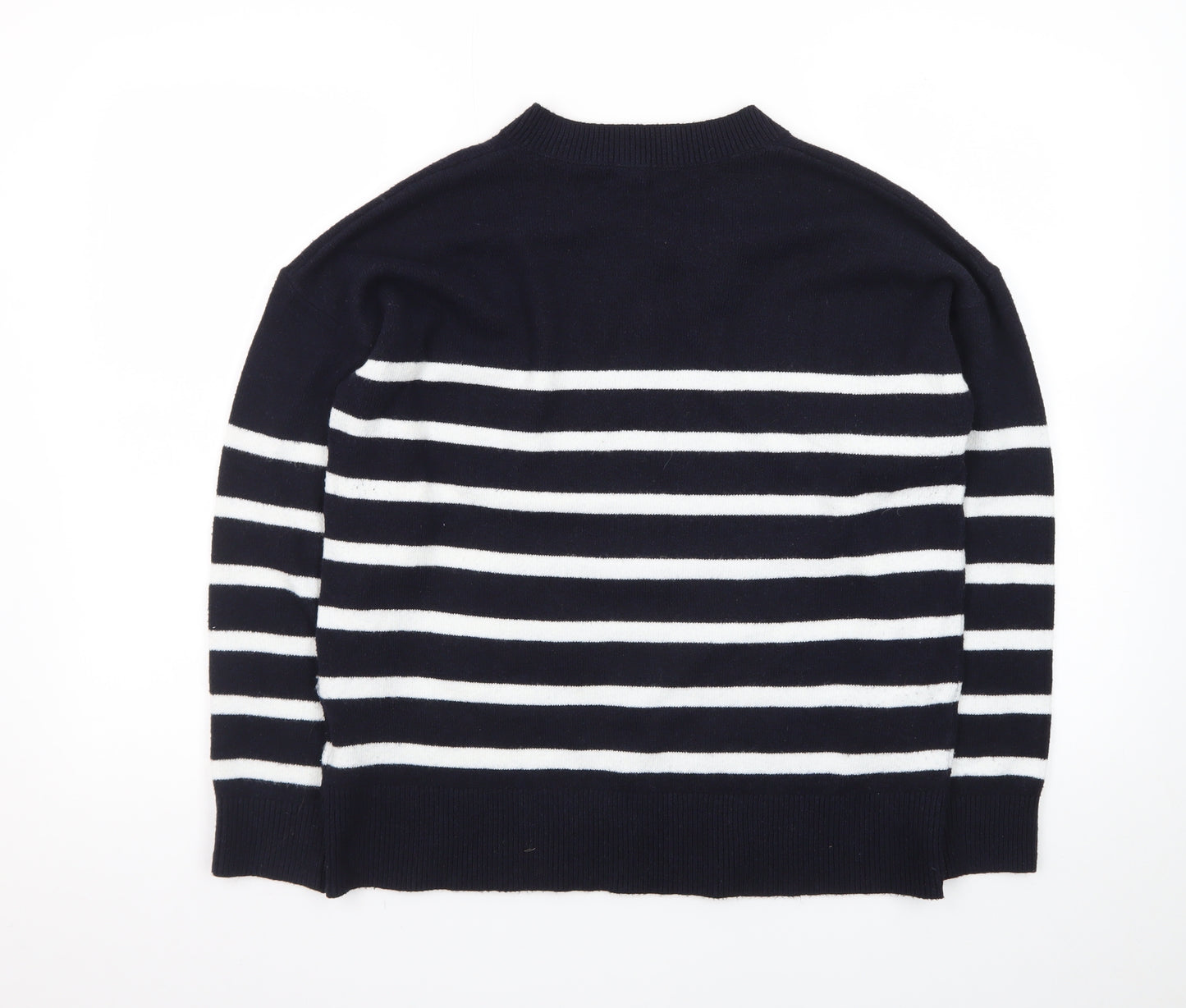 Marks and Spencer Women's Navy Stripe V-Neck Jumper Medium