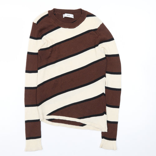 MNG Women Brown Striped Crew Neck Long Sleeve Pullover Jumper Size L