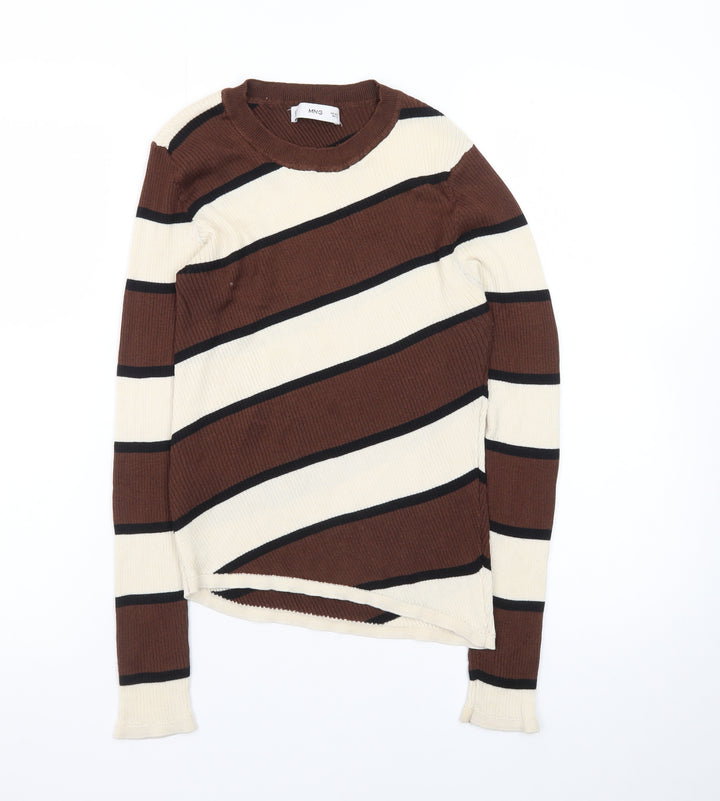 MNG Women Brown Striped Crew Neck Long Sleeve Pullover Jumper Size L